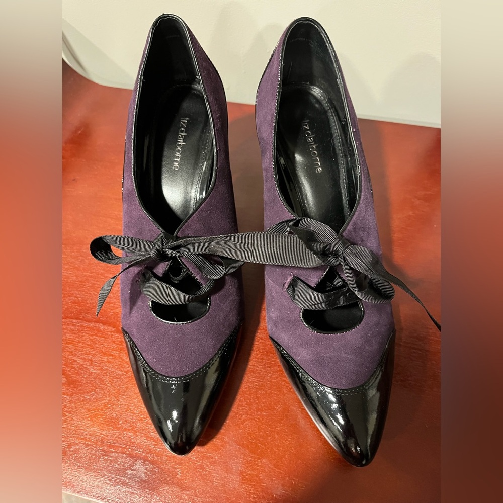 Purple and Black leather Heels with Ribbon Detail